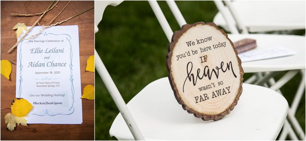 Fall leaves surround the wedding program natural wood sign saves the seat for guests that have passed away