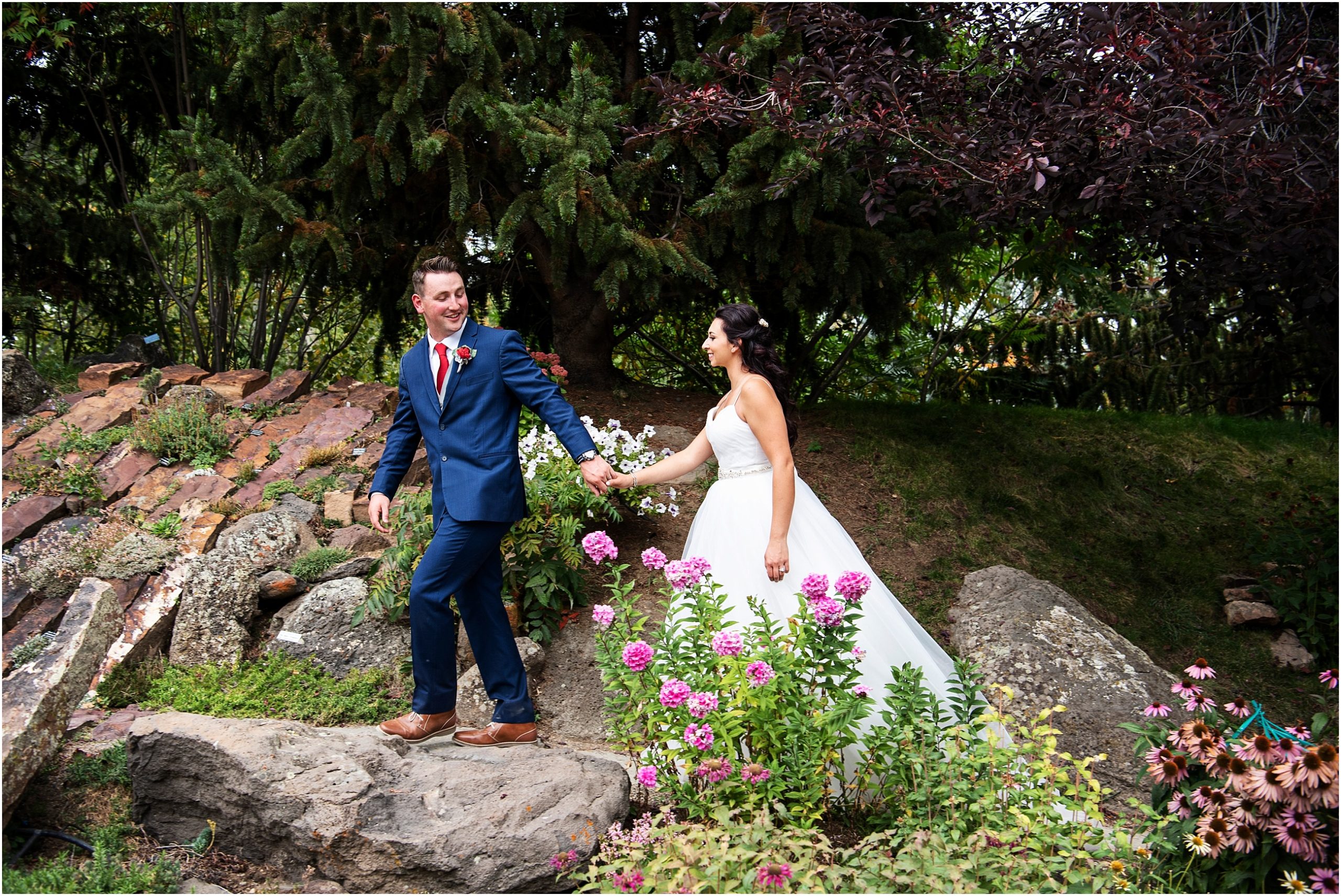 Beautiful wooded outdoor wedding photo complete with wildflowers Steamboat Colorado