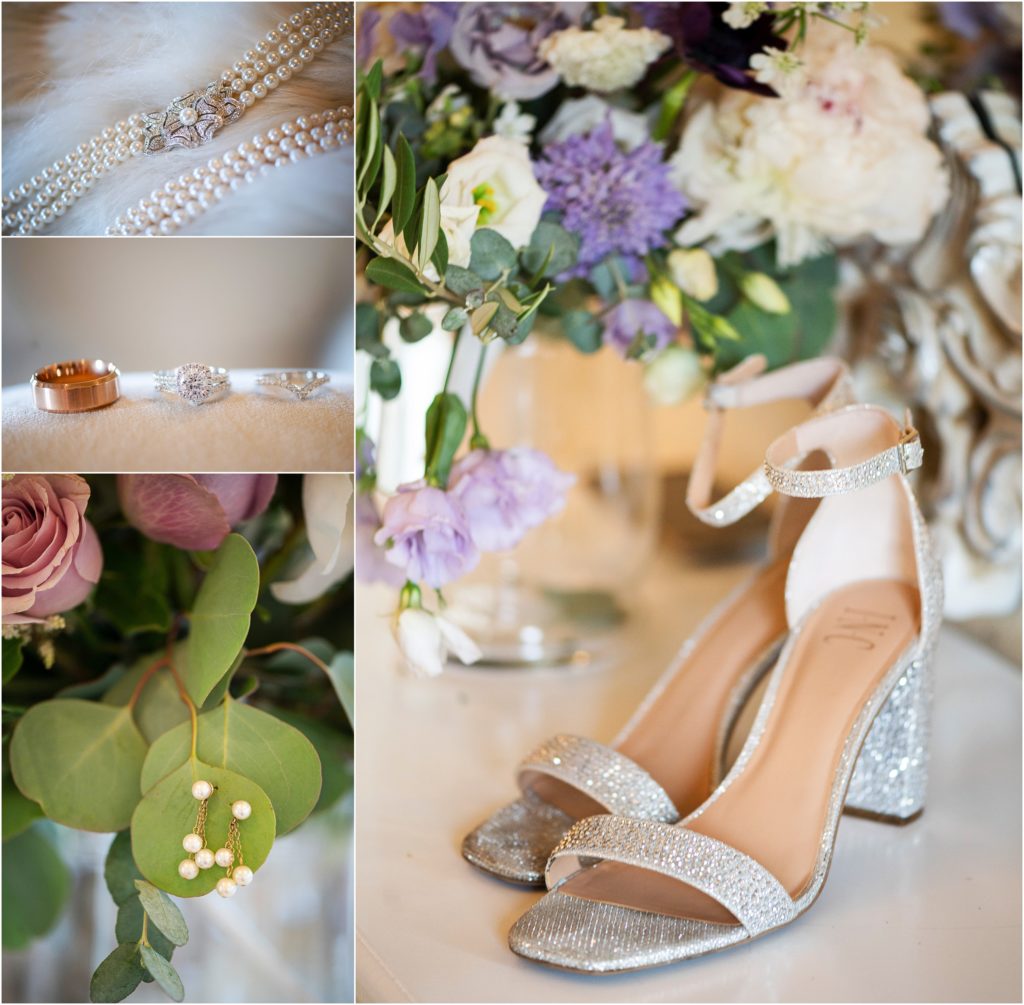Bride's pearl necklace and earrings are stunning displayed next to the bridesmaids bouquets and bride's rhinestone toeless heels, the wedding bands glisten