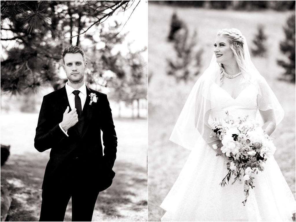 Formal pose of bride and groom in stunning black and white photo, bride looks off in the distance as the groom looks stoic