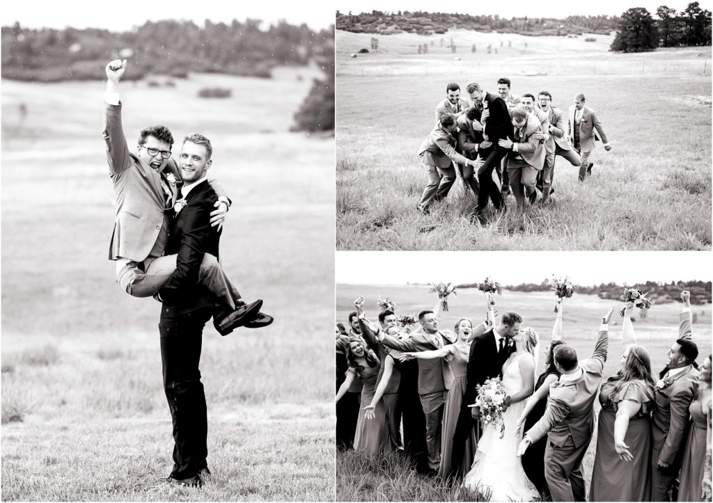 Fun photos of the bridal party are captured by Tina Joiner Photography, the groomsmen nearly tackle the groom and the groom carries a groomsman in a goofy photo, the bridal party celebrates for the photo