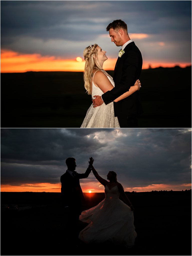 outdoor evening wedding with sunset, bride and groom's pose uniquely frames the setting sun behind them