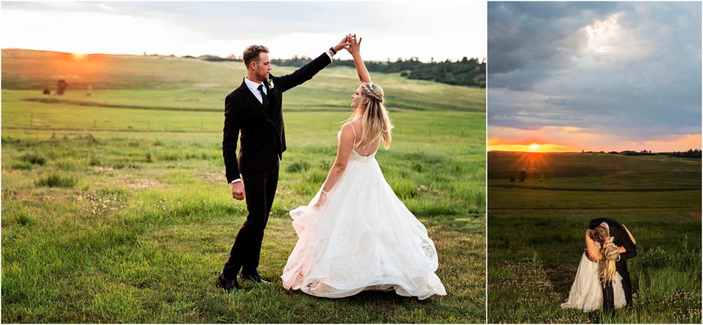 Groom twirls his bride in a magical outdoor photo, groom dips his bride for a kiss as the sunset creates an orange glow behind the happy couple