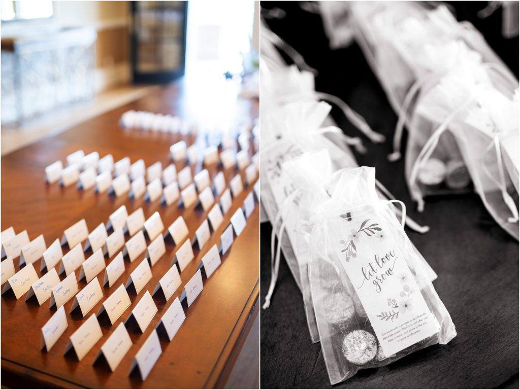 Name cards and table assignments are organized neatly in rows at the reception, favors are in cinch sacks stating Let Love Grow
