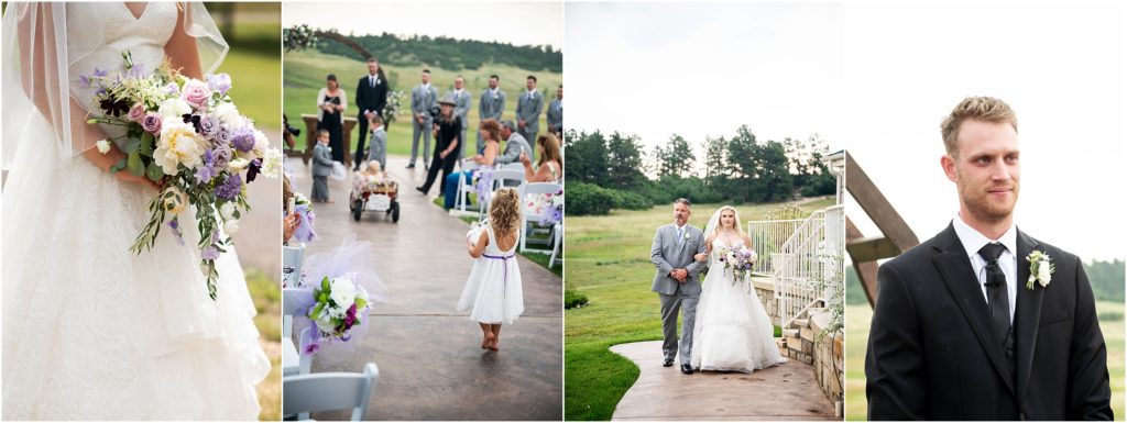 Bride's bouquet created by Prive Events in lavender and white with greenery trailing down is held by the bride as her father walks her down the aisle, the groom sees his bride for the first time, flower girl walks behind ring bearers pulling a wagon down the aisle