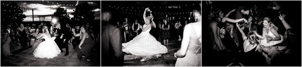 Celebrity DJ of Colorado keeps the party going with dancing, the bridal party dances with the bride and the groom twirls her in a magical moment captured by creative wedding photographer, Tina Joiner