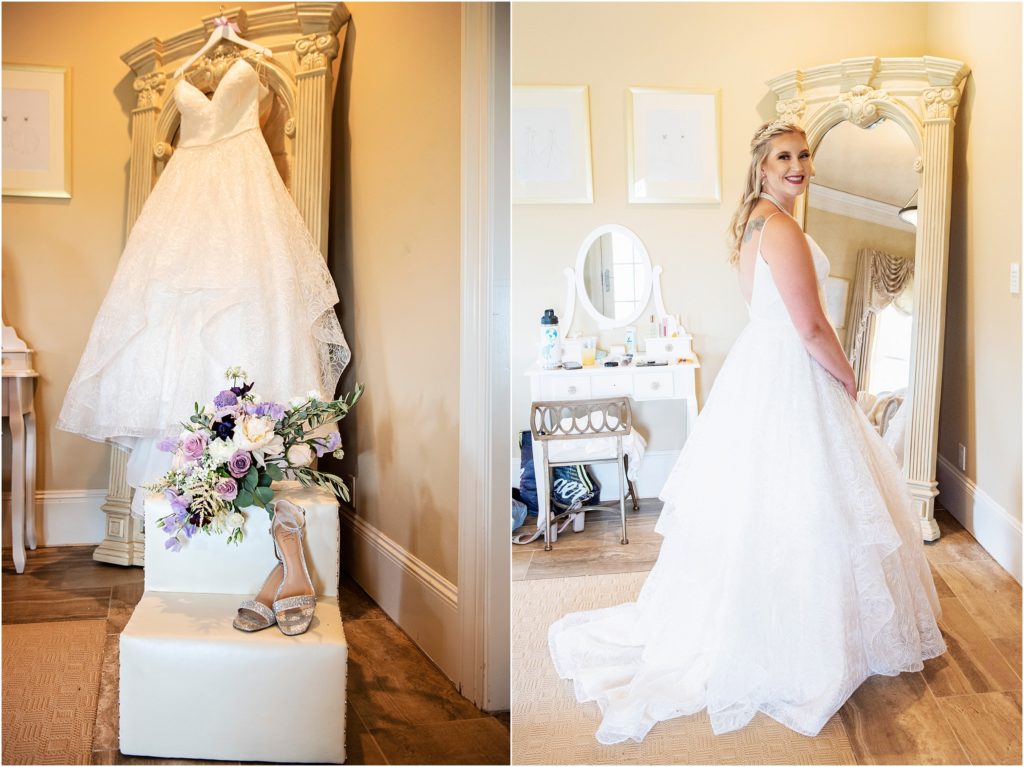 Bride poses in her gorgeous ballroom wedding dress from Our Shop Bridal, rhinestone shoes and stunning bridal bouquet are displayed in the bridal suite