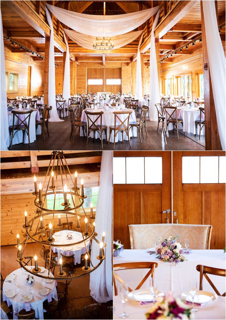 Wedding reception at Flying Horse Ranch in Larkspur, Colorado barn reception with white linens draped from the ceiling, purple and white floral centerpieces, wood chairs