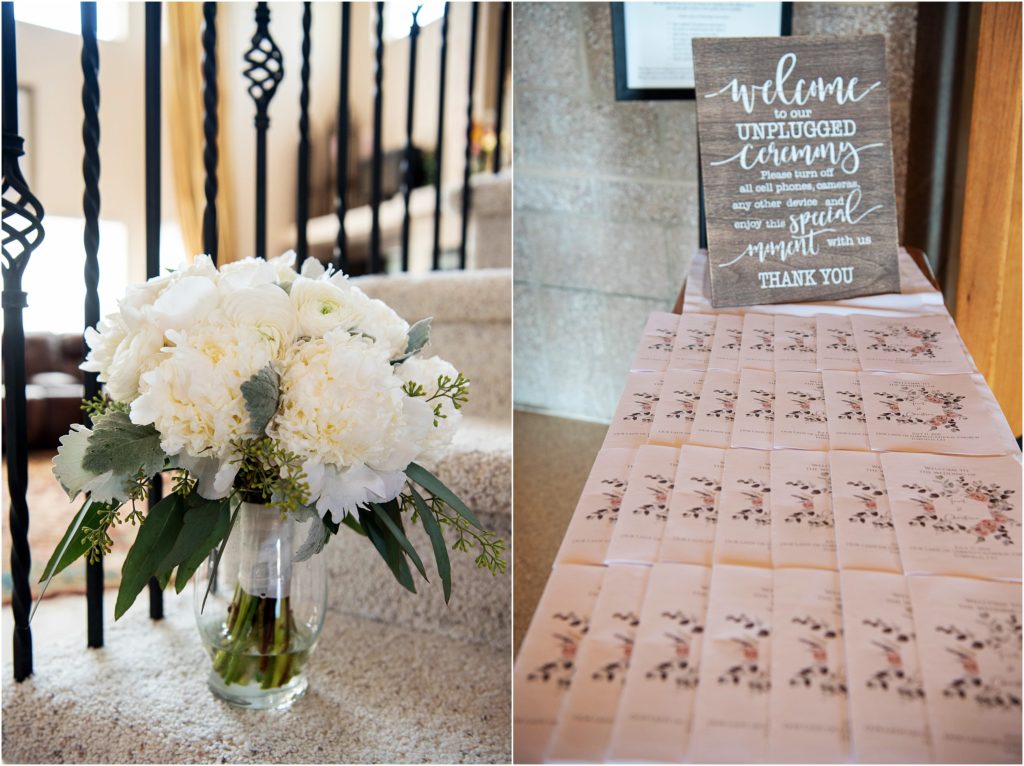 Summer wedding programs in front of sign requesting people unplug for the ceremony by not using cell phones