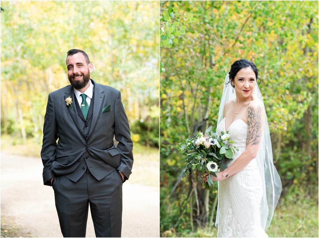 Bride wears sleeveless wedding dress while holding a bouquet full of greenery and white flowers while the groom poses in front of fall colors in black tuxedo and hunter green tie