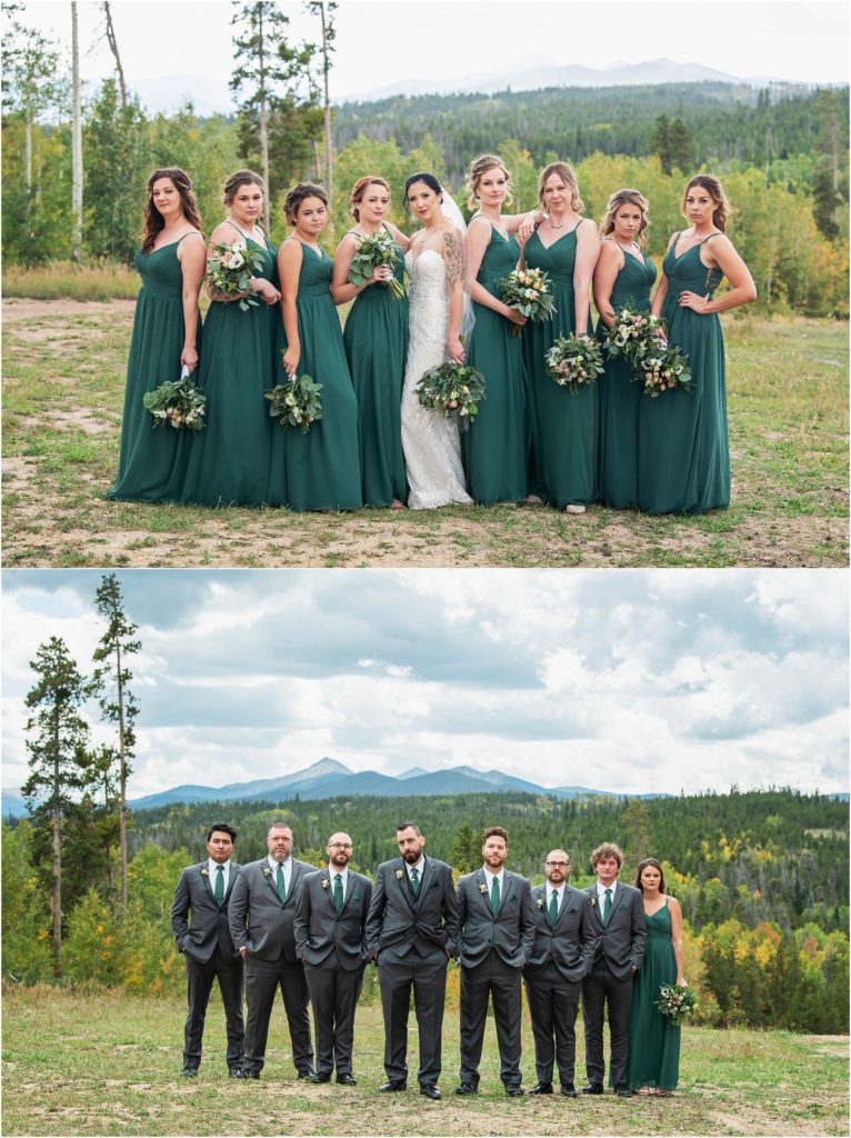 Hunter green bridesmaid dresses compliment the natural beauty of this mountainside wedding ceremony the groomsmen wear matching green ties