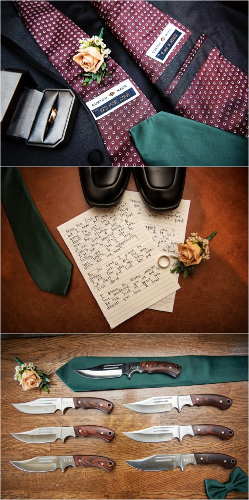 Groom's wedding accessories, vows and groomsmen gifts are displayed in a creative wedding photo