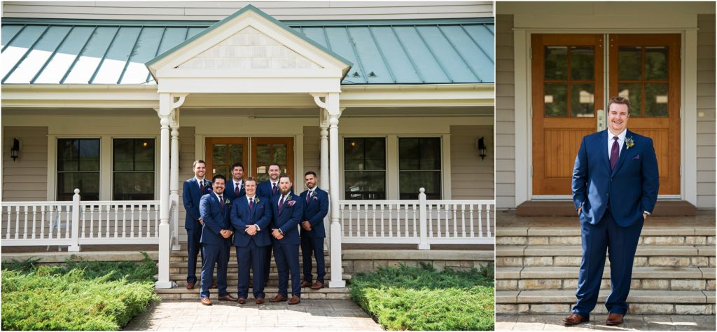 groom poses with his groomsmen outside the main building at Flying Horse Ranch