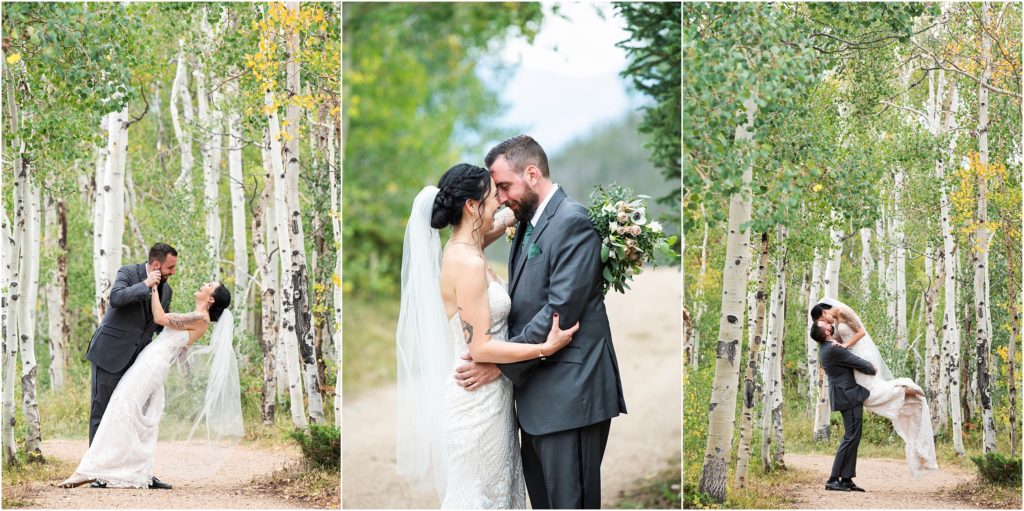 Fun wedding poses highlight the personality and love that this couple share among Aspen trees in this forest wedding