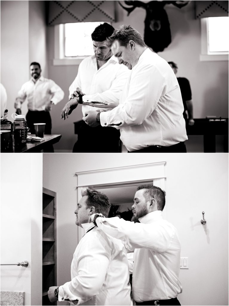 Black and white photos capture the groom and his groomsmen in the groom's suite