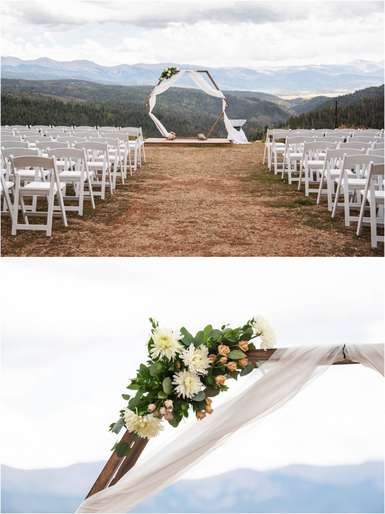 Geometric arch with white sheer fabric and simple bouquet serve to frame the wedding ceremony
