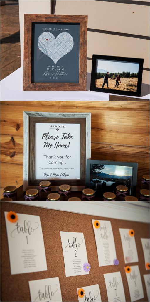 Wedding reception details include a map of where the couple met, jam in small jars serve as favors for wedding guests and the sunflower theme continues on the table assignment board