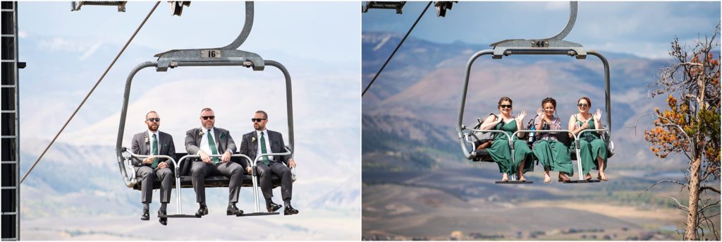 Wedding quests arrive to the ceremony by ski lift in this summer Colorado wedding