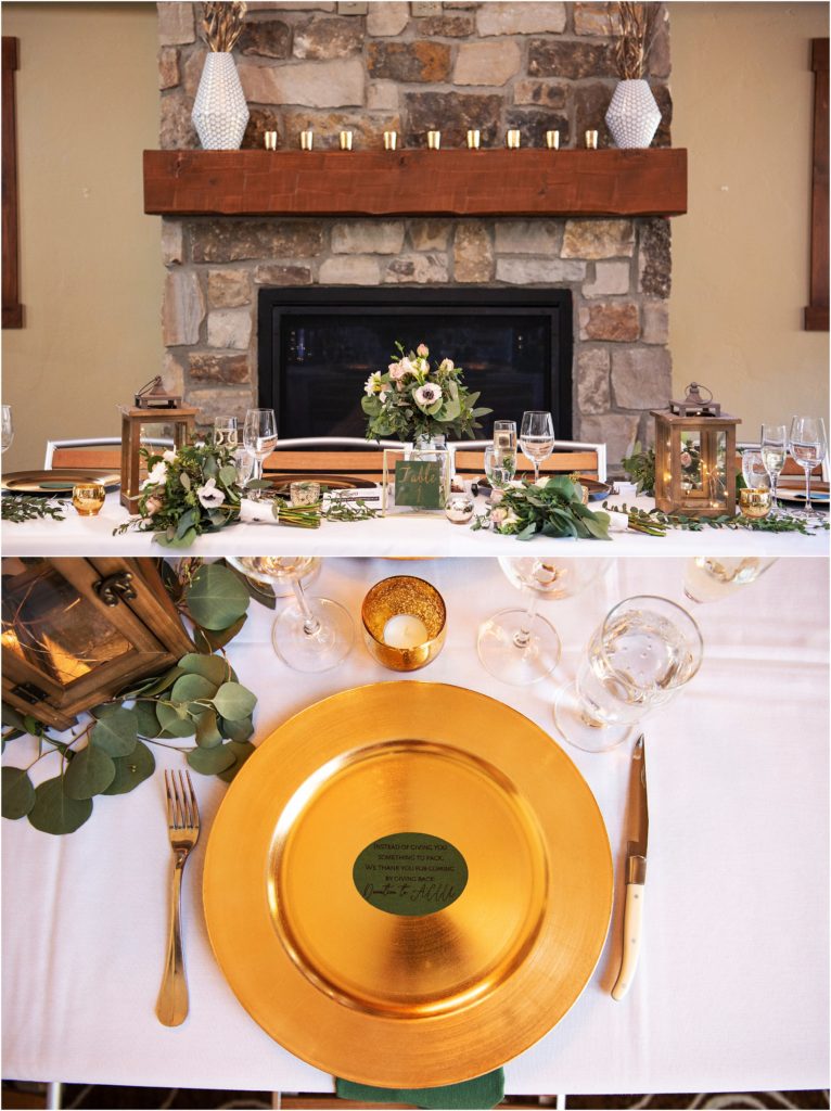 Green and gold table accents create an elegant wedding reception