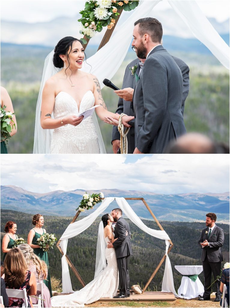 bride and groom share their own vows and have their first kiss and husband and wife in outdoor wedding ceremony