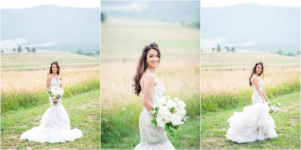 Bride with long brown hair wears mermaid style wedding dress with gorgeous detail at her ranch wedding in Colorado