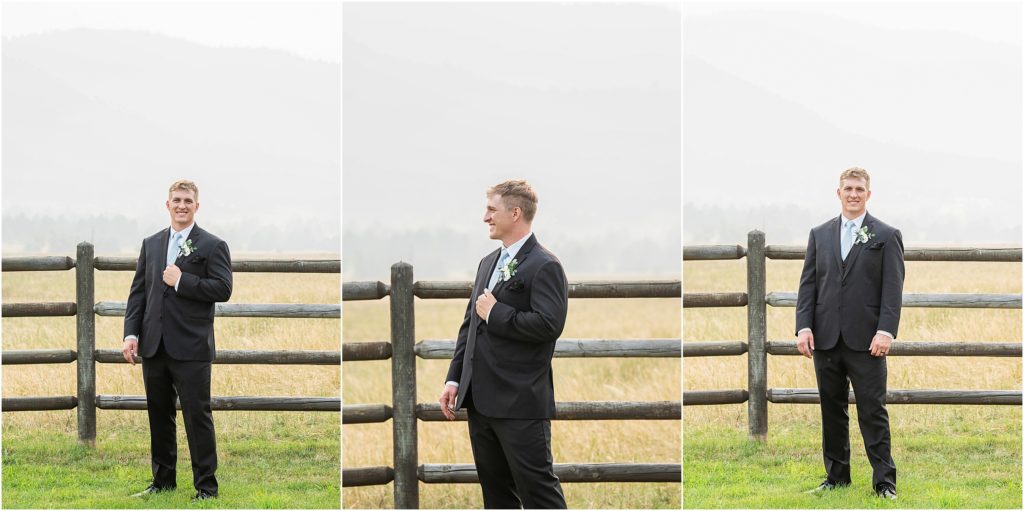 Groom stands near a fence waiting for his bride on his wedding day