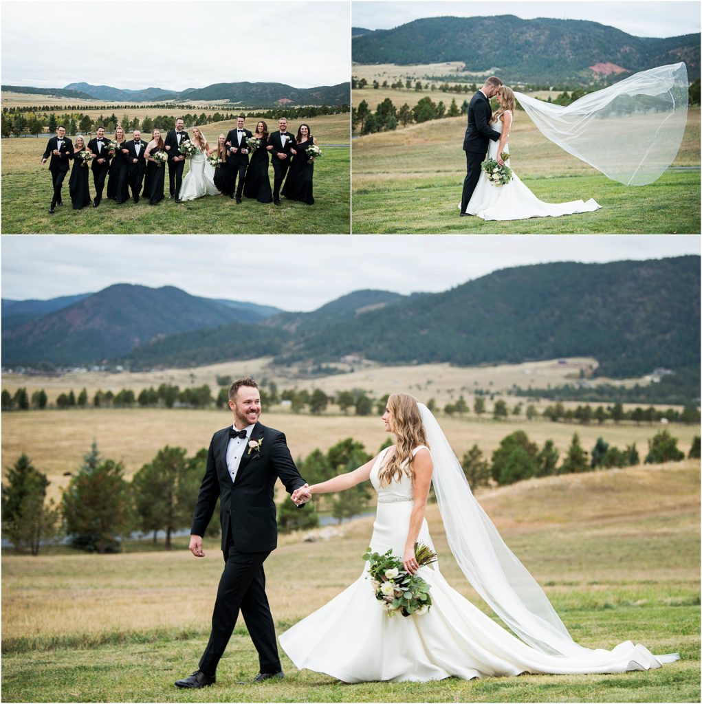 Bride's veil flies in the air at her wedding at a ranch in colorado
