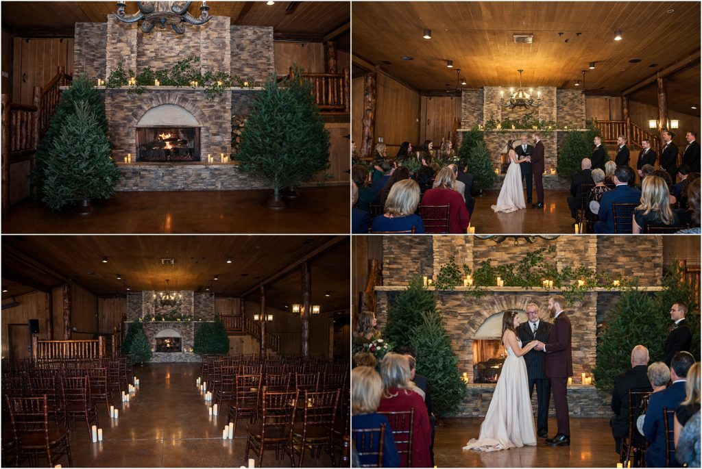 Couple gets married indoors at Alberts Lodge at Spruce Mountain Ranch at their winter wedding in Colorado