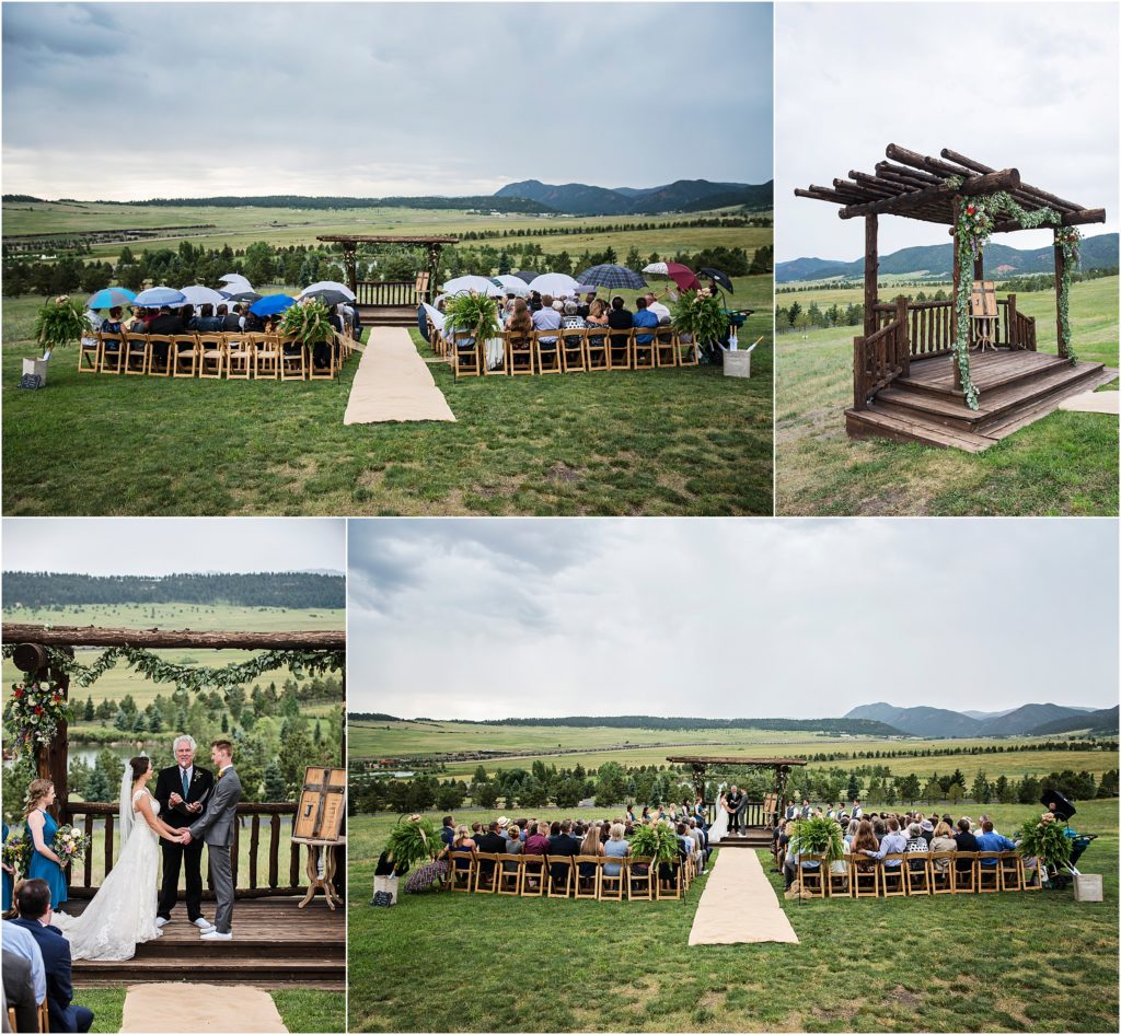 Wedding ceremony outside and on a hillside in the rain