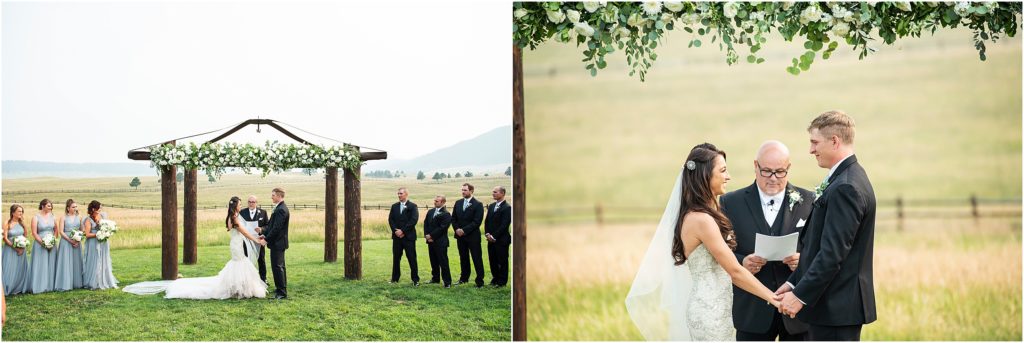 Beautiful outdoor wedding at Spruce Mountain Ranch in a field in late summer