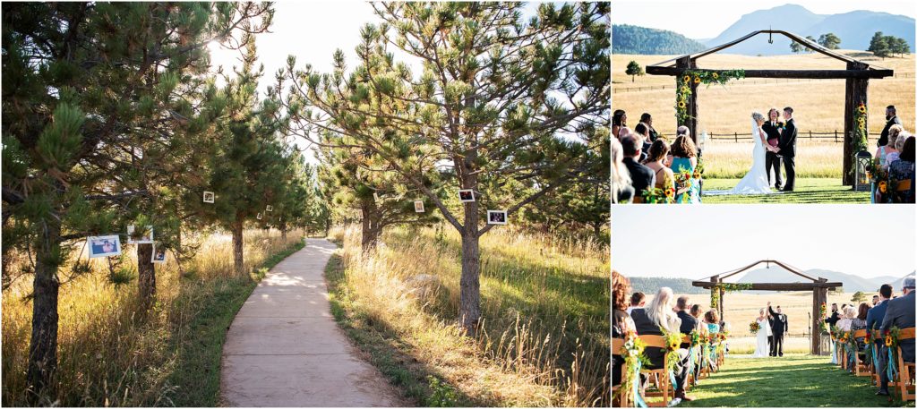 Bride and groom have outdoor wedding ceremony at Spruce Mountain Ranch with mountain views in summer
