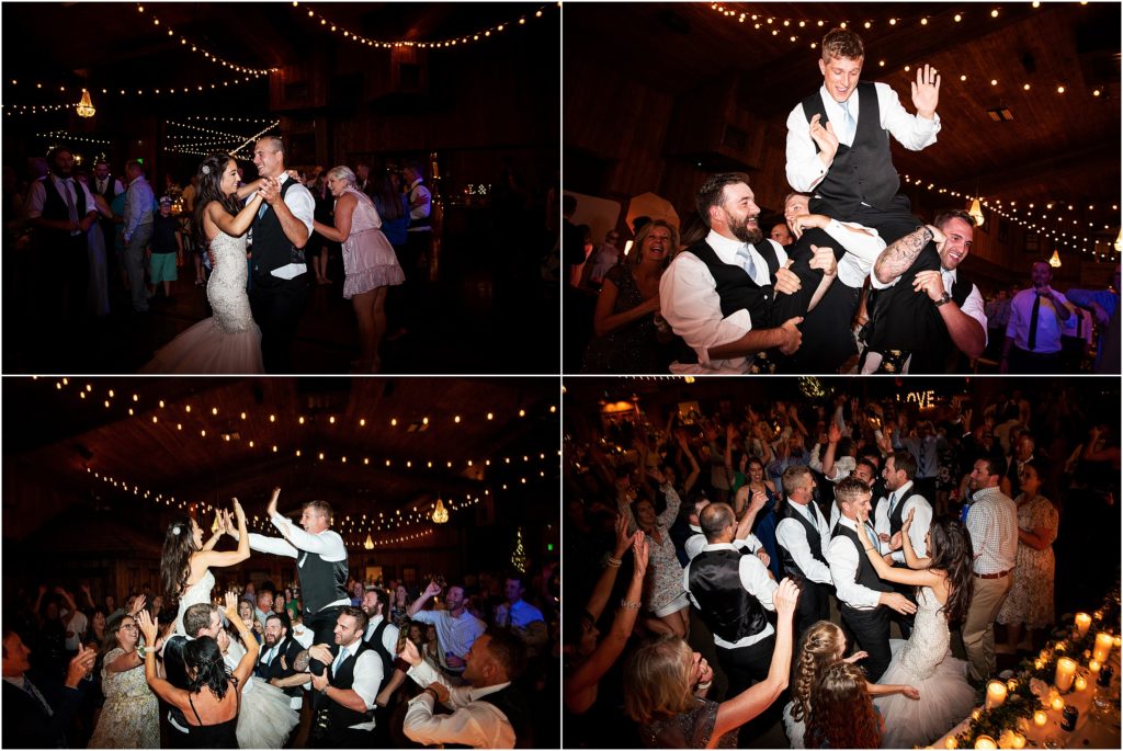 Bride and groom party with their guests late into the night at a reception with an open bar and live band