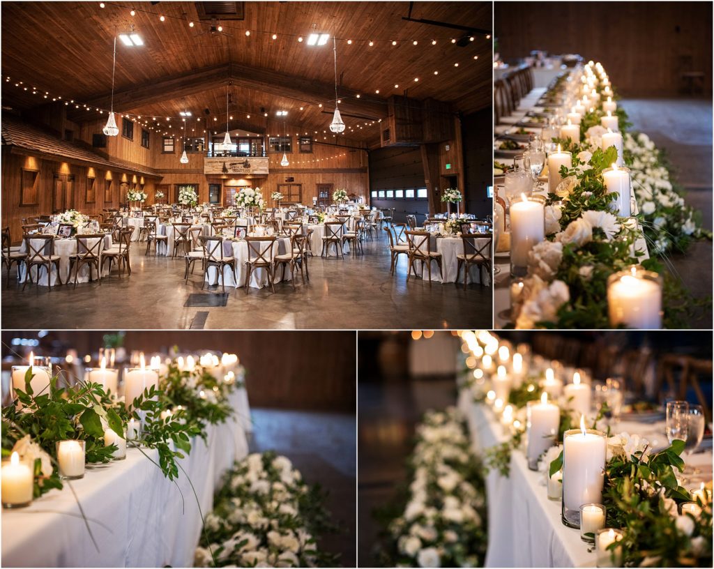 Candles and florals overflow at this indoor low light reception at Spruce Mountain Ranch in Colorado.