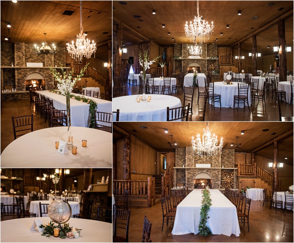 Beautiful wedding reception at Spruce Mountain Ranch with hanging chandeliers and large head table