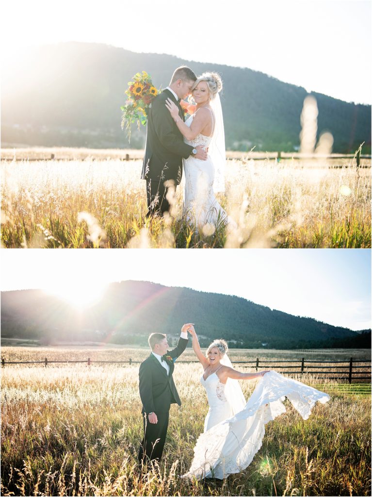 Bride spins and dances with the groom in a field at sunset at a ranch near Colorado Springs and Denver
