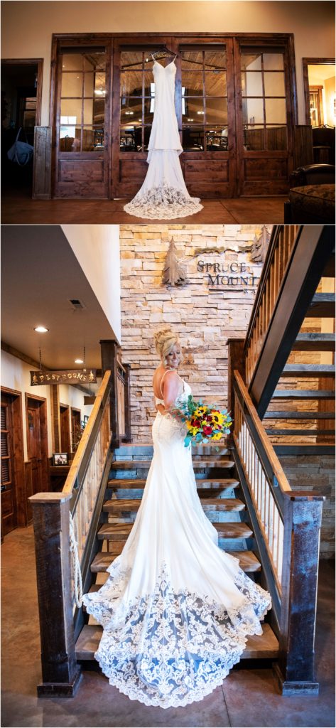 Bride wears wedding dress as the train cascades down the stairs at Spruce Mountain Ranch in Colorado