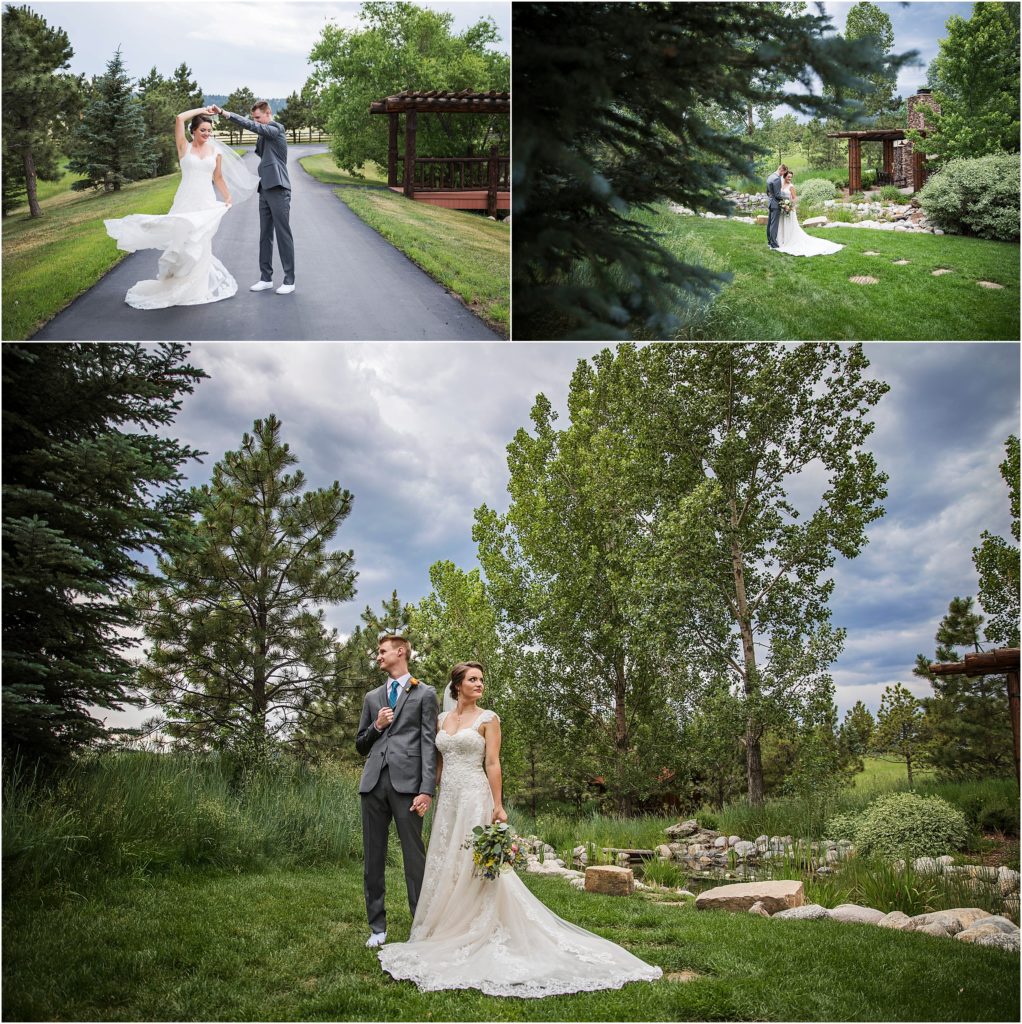 Bride and groom pose for wedding portraits during summer time at Spruce Mountain Ranch in Colorado