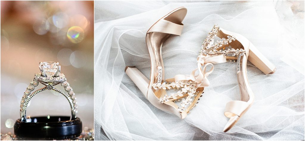 Brides shoes and ring sparkle as Tina Joiner takes stunning photos of the Brides details on this wedding day in late summer
