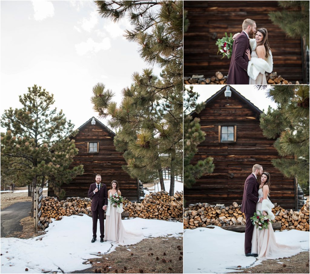 Bride and groom snuggle tight while they pose for their wedding photos in winter with snow all around