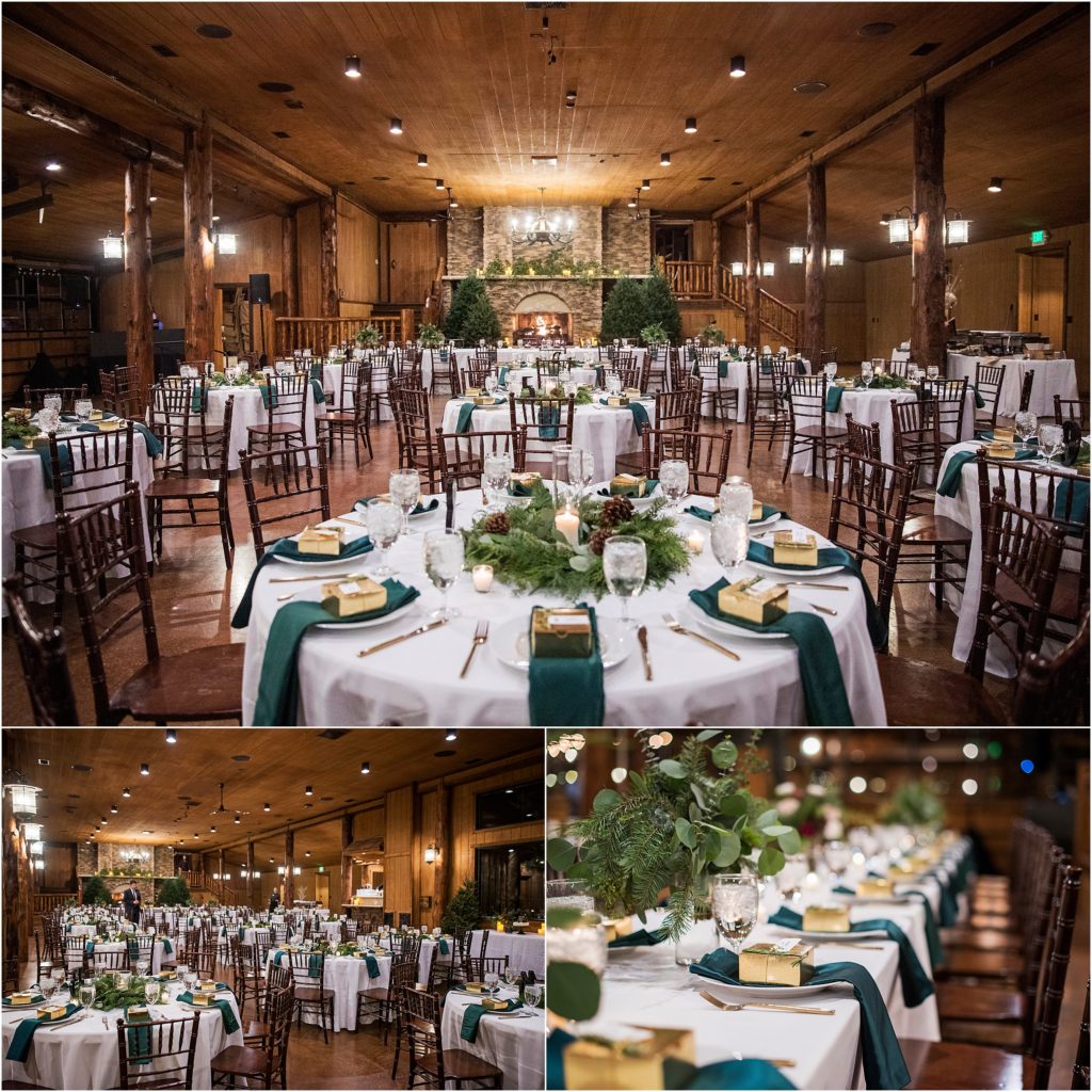 Winter themed wedding reception with forest green linens and pine trees