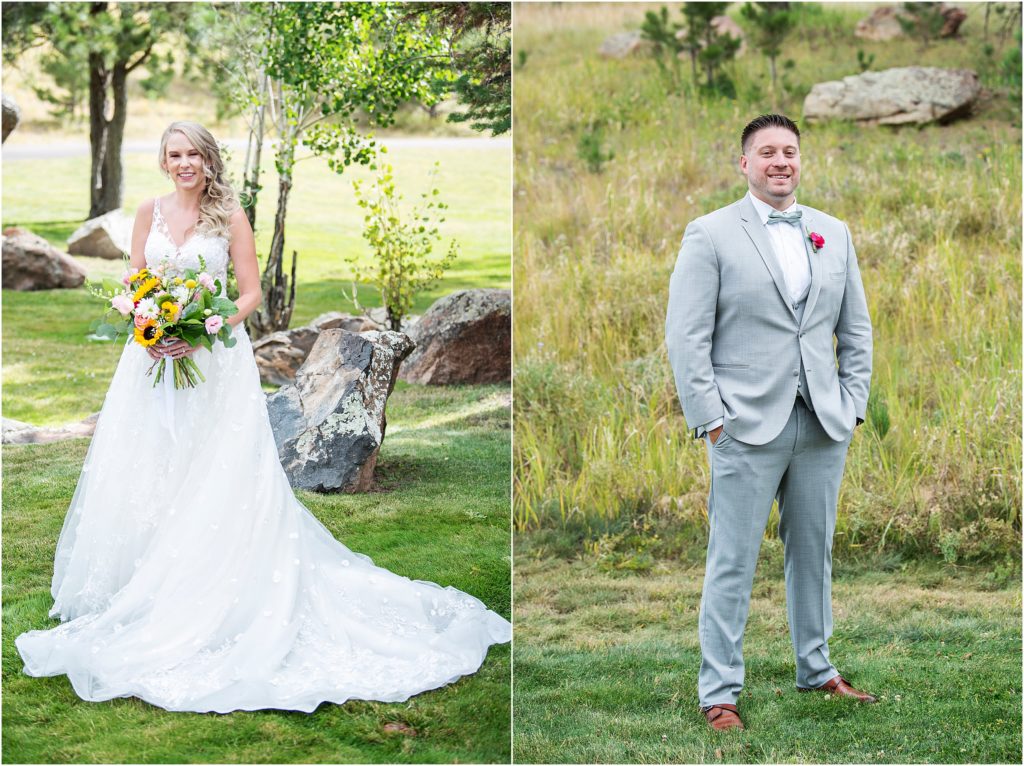 Bride and groom stand in the grass on a summer day at their wedding in colorado