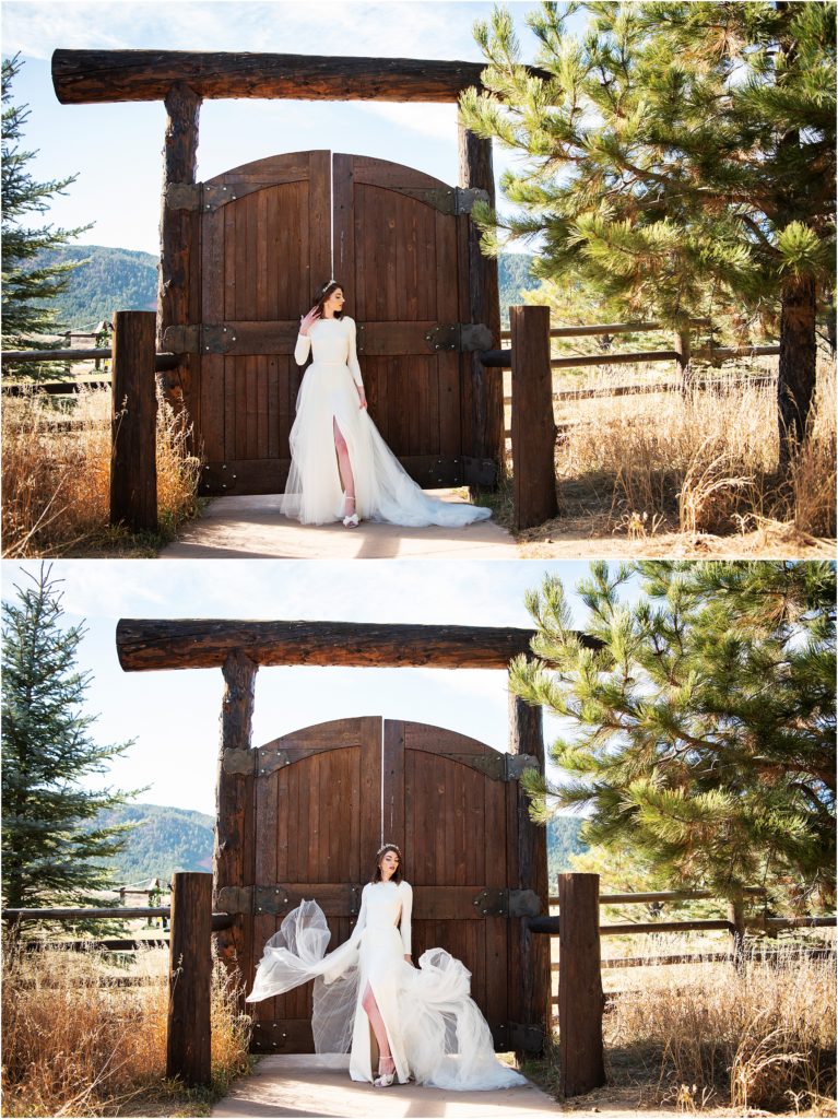 Bride wears modest long sleeve wedding gown with detachable train