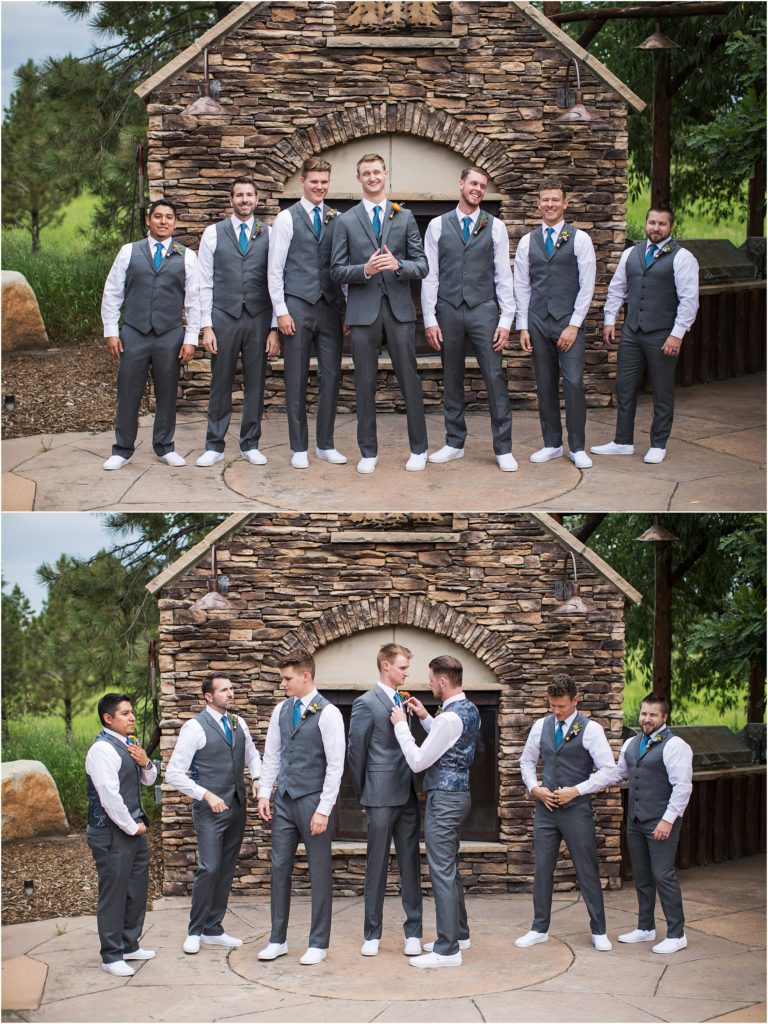 Groom with six groomsmen wear grey and teal with white shoes