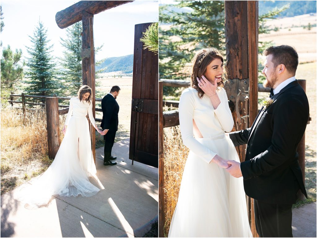 Bride and groom share a first look at their outdoor ranch wedding in Colorado