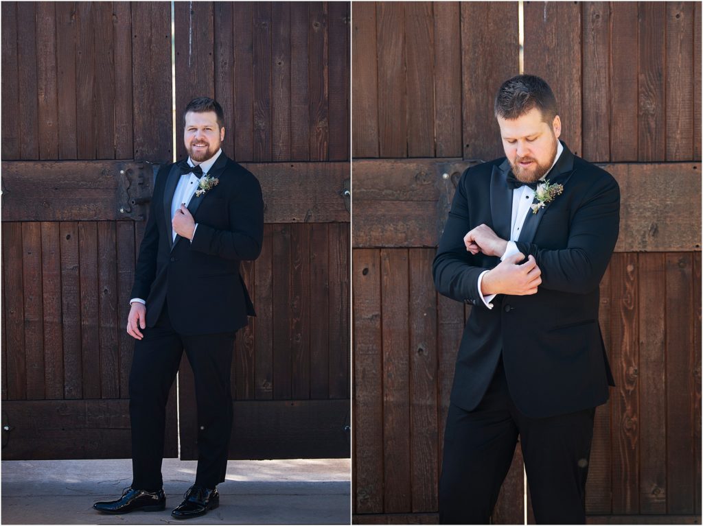Groom stands in is suit on his wedding day in Colorado