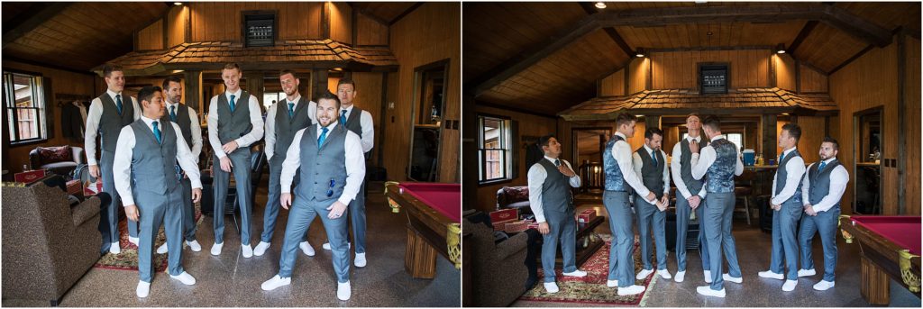 Men getting ready for a wedding at Alberts Lodge at Spruce Mountain Ranch in Colorado
