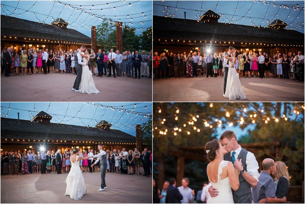 Newlywed couple dances outdoor under twinkle lights during their outdoor reception in the summer in Colorado