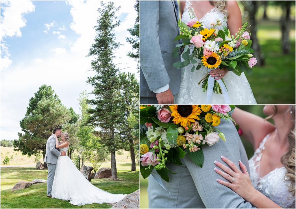 Bride and groom stand together on their wedding day in summer at Flying Horse Ranch near Colorado Springs