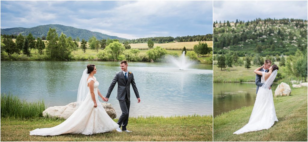 Groom walks with bride by a pond with mountains behind them on their wedding day at Spruce Mountain Ranch near Colorado Springs