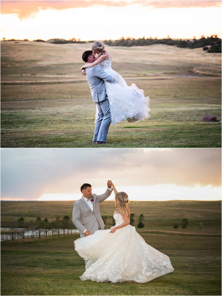 bride and groom dance and spin at sunset at their ranch wedding in Colorado